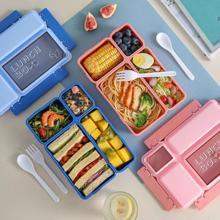 GROWSIR Kotak Bekal Bento 4 Sekat Anti Tumpah Tebal 1150ml + Sendok Garpu Lunch Box Aesthetic 079