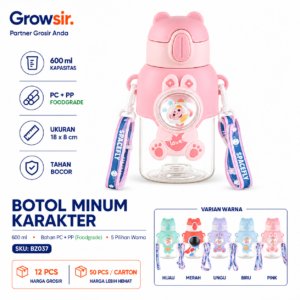 GROWSIR Botol Minum Beruang Lucu 600ML Sedotan Tali Gendong Aesthetic Korea Tempat Minum Anak