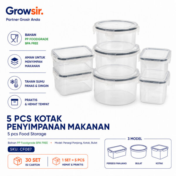GROWSIR 5 pcs Kotak Penyimpanan Makanan Kulkas BPA FREE Food Storage Fridge Organizer CF087