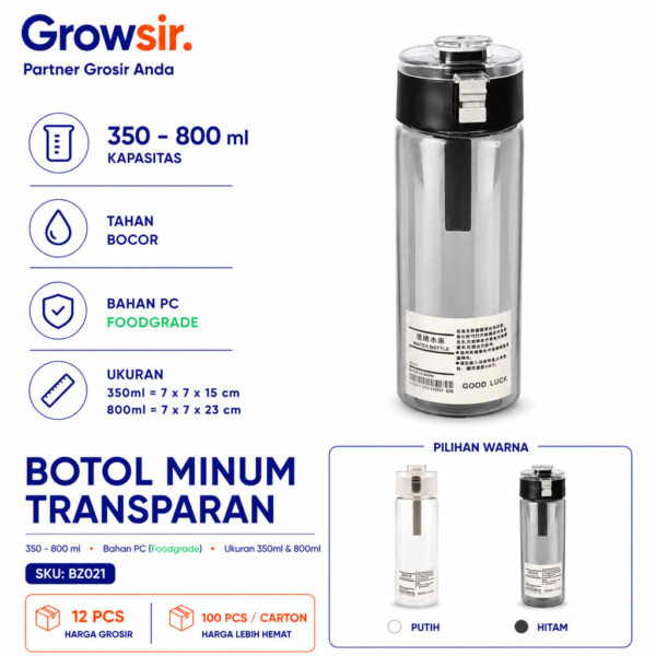 GROWSIR Botol Air Minum Infuser / Botol Minum Putih Transparan / Botol Bening Estetik 350 500 800ml