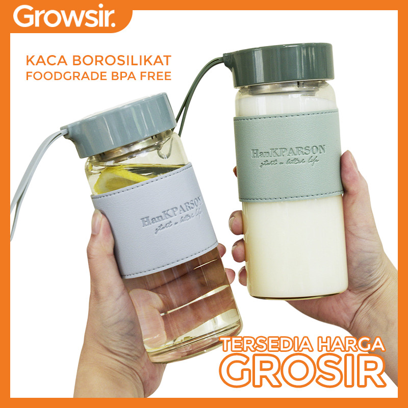 GROWSIR Botol Air Minum Kaca Borosilikat PREMIUM 480ml Anti Tumpah | Tumblr Saringan BPA FREE