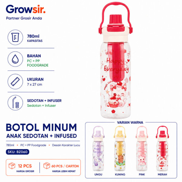 GROWSIR Botol Minum Anak 780ml Sedotan + Infuser Buah Anti Bocor Dengan Handle Tumbler Karakter Lucu BZ060