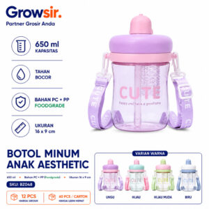 GROWSIR Botol Minum Anak Aesthetic 650ml Sedotan Tali Gantung Anti Bocor PC PP Food Grade Estetik Cute BZ048