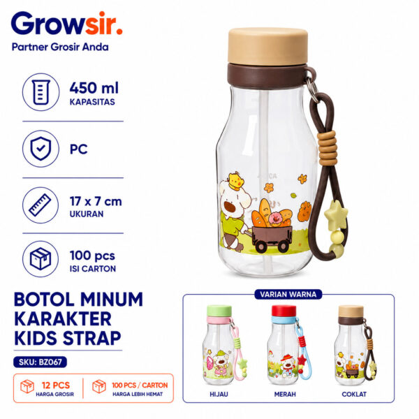 GROWSIR Botol Minum Anak Karakter 580ML Sedotan + Tali Gantung Anti Bocor Food Grade Botol Minum Anak Lucu BZ067