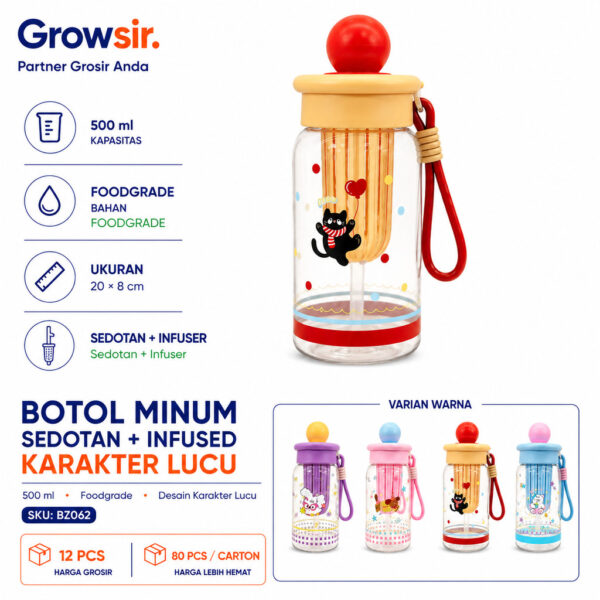GROWSIR Botol Minum Anak Karakter Lucu + Infuser 500ml | Food Grade Anti Bocor dengan Tali BZ062
