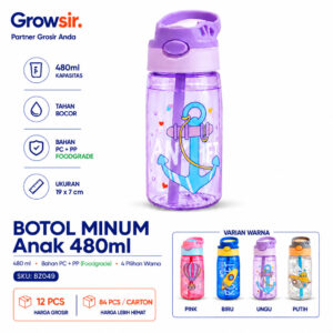 GROWSIR Botol Minum Anak Lucu 480ml Sedotan Praktis Anti Bocor Tersedia 4 Pilihan Warna BZ049