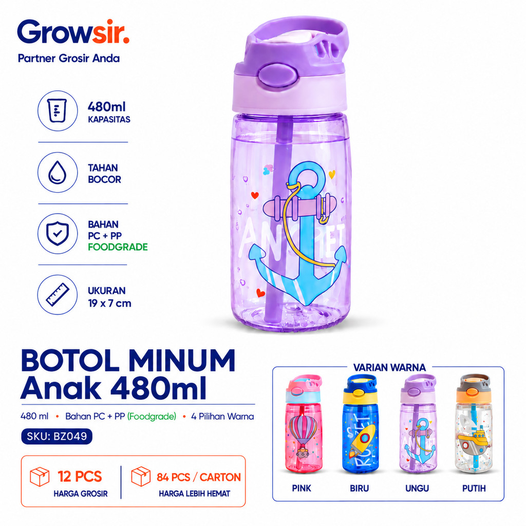 GROWSIR Botol Minum Anak Lucu 480ml Sedotan Praktis Anti Bocor Tersedia 4 Pilihan Warna BZ049