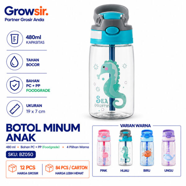 GROWSIR Botol Minum Anak Sedotan 480ml Anti Tumpah | Botol Air Lucu Sekolah Anti Bocor BZ050
