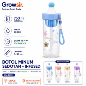 GROWSIR Botol Minum Anak Sedotan + Infuser 750ml Anti Bocor Food Grade PC PP Tumbler Karakter dengan Tali BZ058