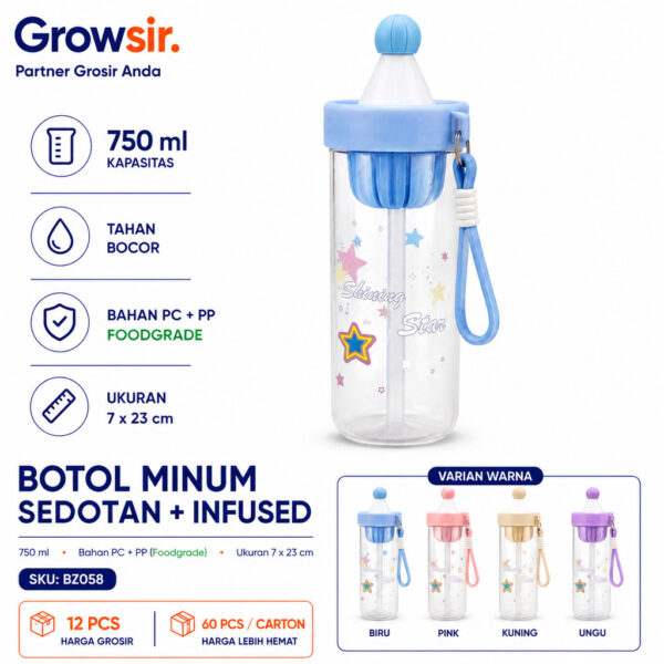 GROWSIR Botol Minum Anak Sedotan + Infuser 750ml Anti Bocor Food Grade PC PP Tumbler Karakter dengan Tali BZ058