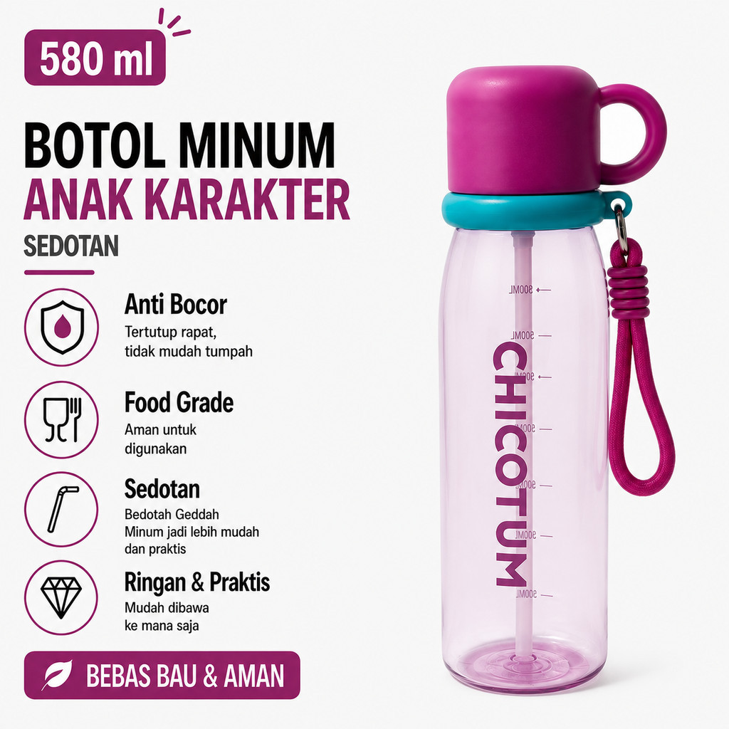 GROWSIR Botol Minum Colorful Aesthetic 750ML Sedotan + Gelas Anti Bocor Food Grade dengan Tali Botol Minum Sport BZ066