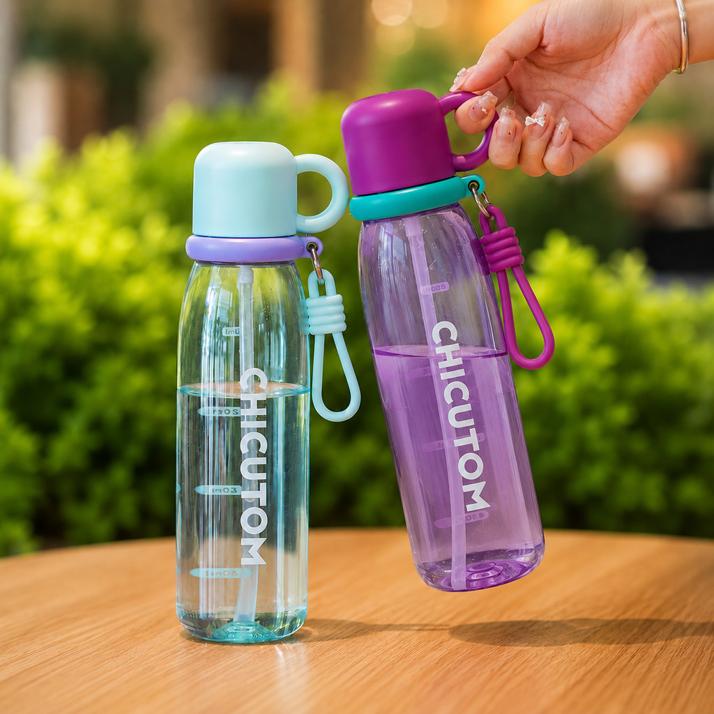 GROWSIR Botol Minum Colorful Aesthetic 750ML Sedotan + Gelas Anti Bocor Food Grade dengan Tali Botol Minum Sport BZ066