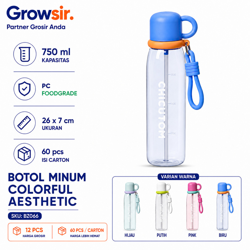 GROWSIR Botol Minum Colorful Aesthetic 750ML Sedotan + Gelas Anti Bocor Food Grade dengan Tali Botol Minum Sport BZ066