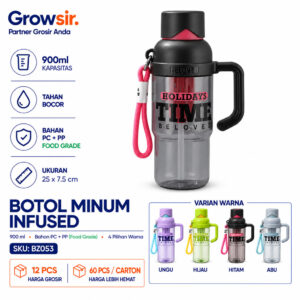 GROWSIR Botol Minum Infused Buah Teh 900ml Anti Tumpah Dengan Sedotan dan Tali Strap | Tumbler Lucu BZ053