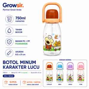 GROWSIR Botol Minum Karakter Lucu 750ml dengan Tali Adjustable & Handle Anti Bocor Food Grade Botol Minum Sekolah Anak Lucu BZ061