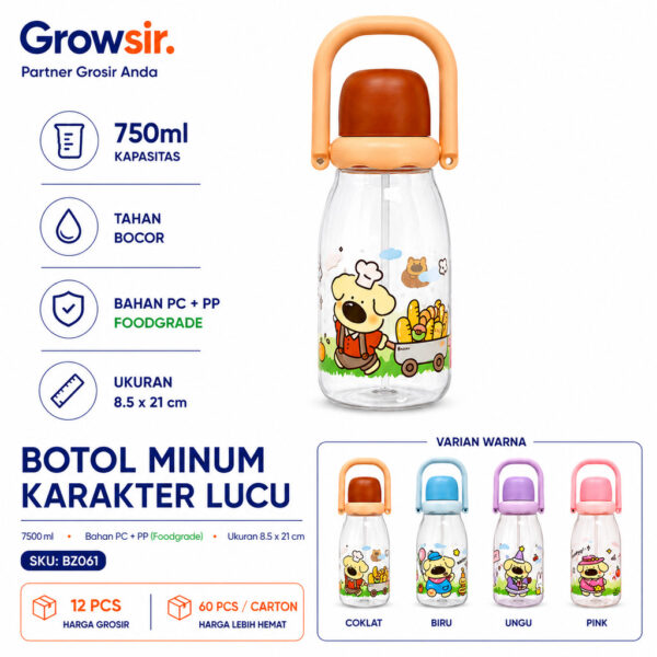 GROWSIR Botol Minum Karakter Lucu 750ml dengan Tali Adjustable & Handle Anti Bocor Food Grade Botol Minum Sekolah Anak Lucu BZ061