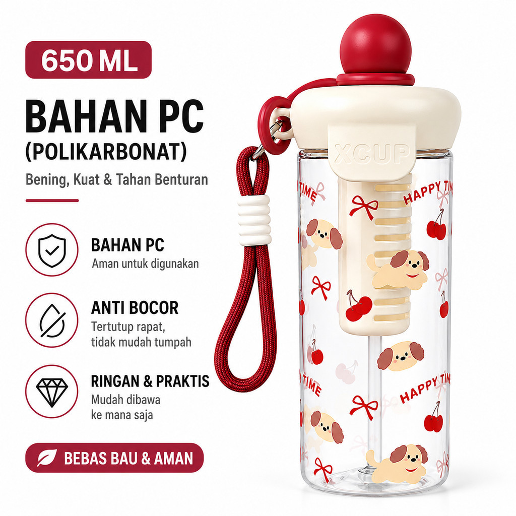 GROWSIR Botol Minum Sedotan + Infiuser 650ml Sedotan Anti Bocor | Dengan Tali Gantung | Tumbler Minum Lucu BZ059