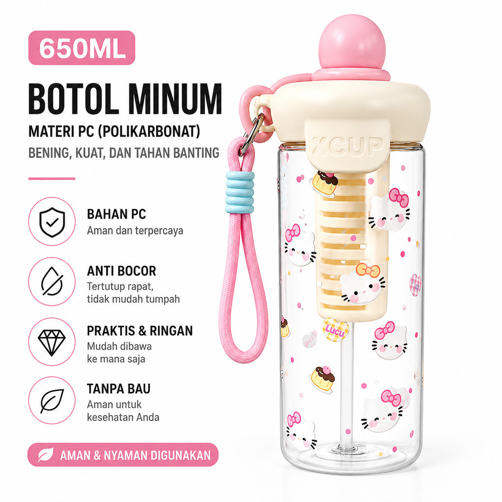 GROWSIR Botol Minum Sedotan + Infiuser 650ml Sedotan Anti Bocor | Dengan Tali Gantung | Tumbler Minum Lucu BZ059