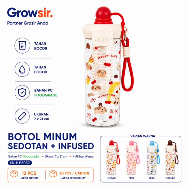 GROWSIR Botol Minum Sedotan + Infiuser 650ml Sedotan Anti Bocor | Dengan Tali Gantung | Tumbler Minum Lucu BZ059