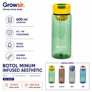 GROWSIR Botol Minum Sporty Aesthetic 600ml Dengan Saringan | Botol Infused Water Anti Tumpah BZ029