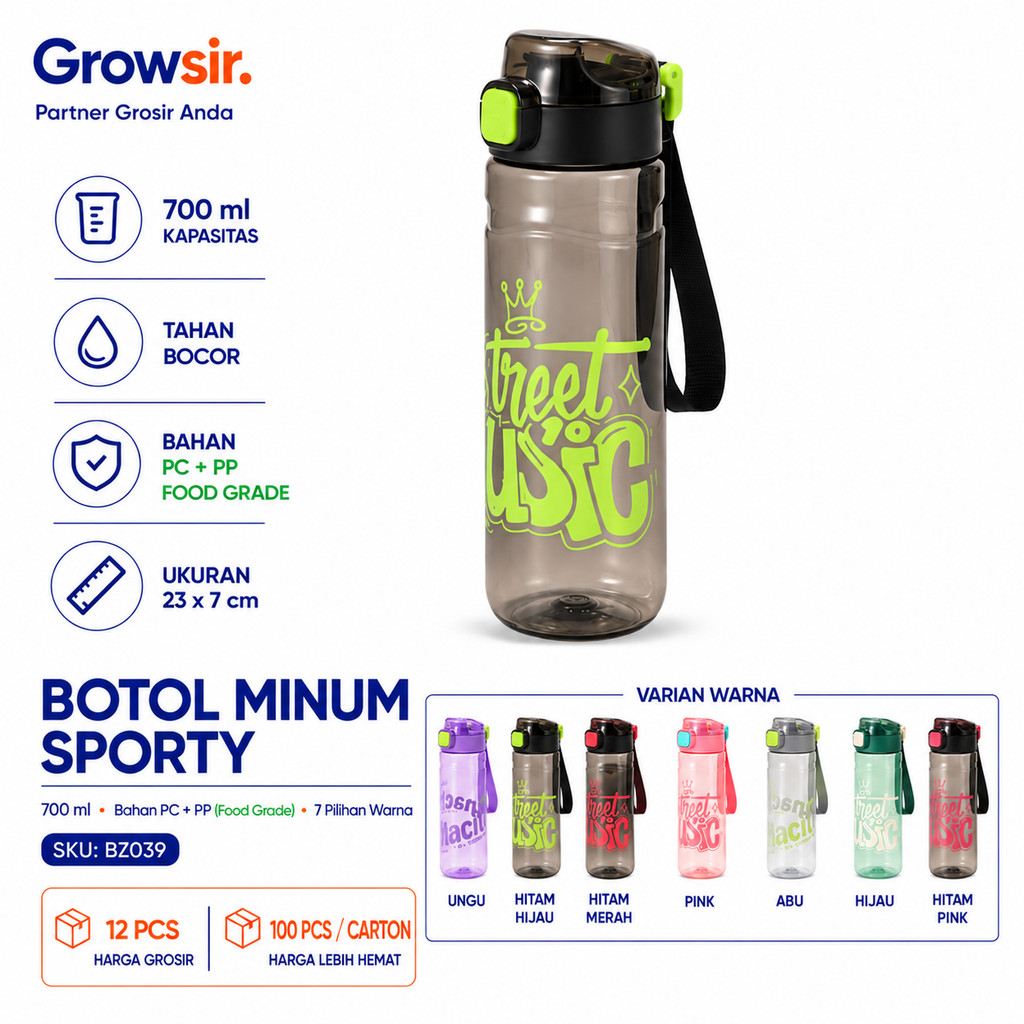 GROWSIR Botol Minum Sporty Anti Tumpah 700ml | Botol Minum Anak Sekolah Gym Kantor Anti Pecah BZ039
