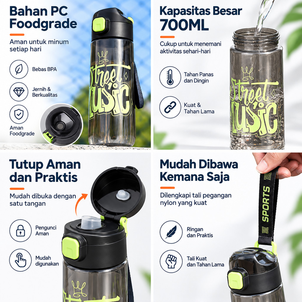 GROWSIR Botol Minum Sporty Anti Tumpah 700ml | Botol Minum Anak Sekolah Gym Kantor Anti Pecah BZ039