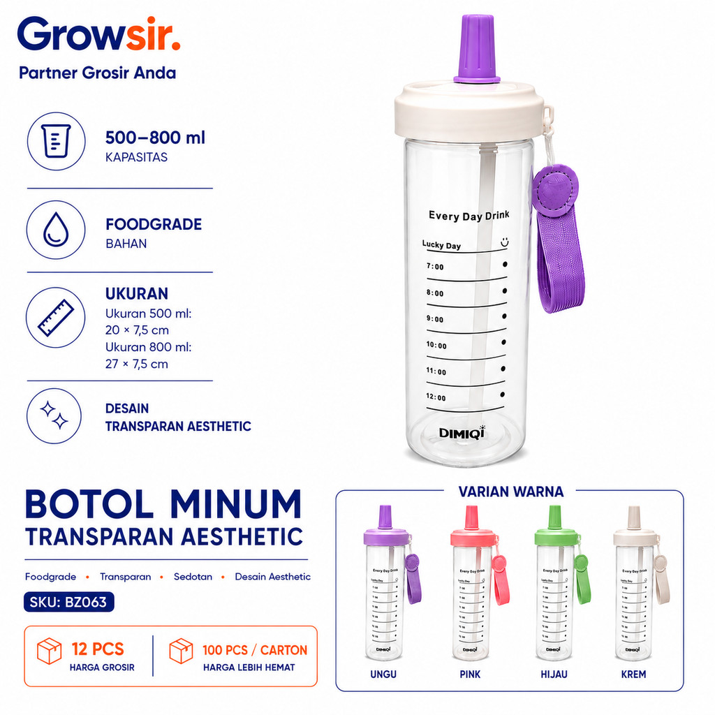 GROWSIR Botol Minum Transparan Aesthetic Sedotan Jumbo 500ml 800ml Anti Bocor Food Grade Tumbler Estetik dengan Tali BZ063