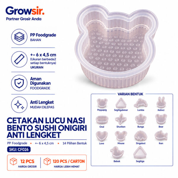 GROWSIR Cetakan Lucu Nasi Bento Sushi Onigiri Anti Lengket – Rice Mold Karakter CF026