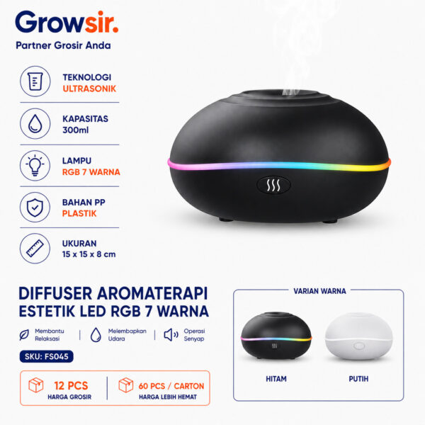 GROWSIR Diffuser Aromaterapi Estetik Led Rgb 7 Warna | Humidifier Ultrasonik + Essential Oil | Pelembap Udara FS045