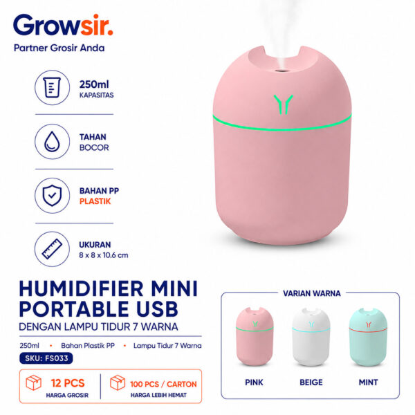GROWSIR Humidifier Mini Portable USB dengan Lampu Tidur 7 Warna Kabut Nano Aromatherapy Auto Off Senyap Pelembap Udara Ruangan FS033