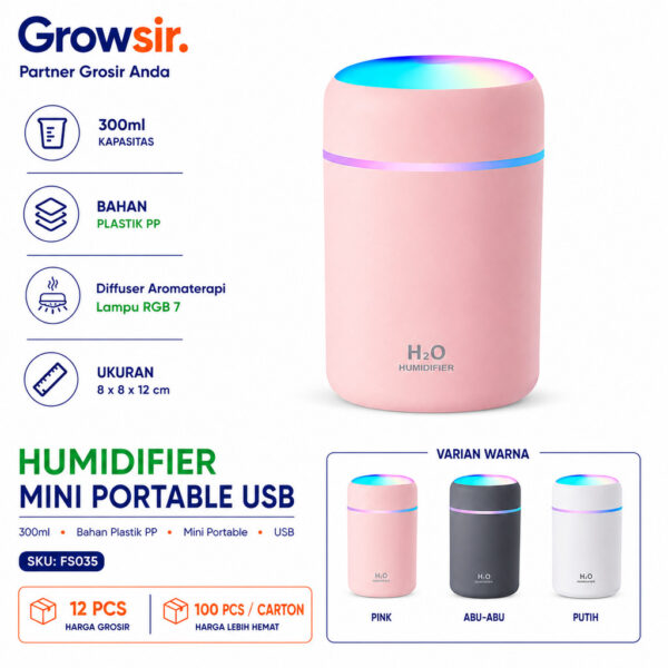 GROWSIR Humidifier Mini Portable USB Diffuser Aromaterapi Lampu RGB 7 Warna Ultrasonic Pelembab Udara Aesthetic EstetikFS035