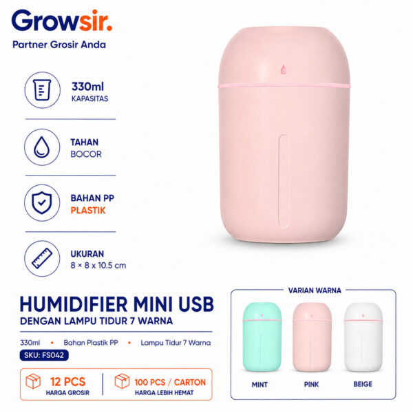 GROWSIR Humidifier Mini USB Dengan Lampu Tidur 7 Warna Ultrasonik Kabut Nano Pelembap Udara FS042