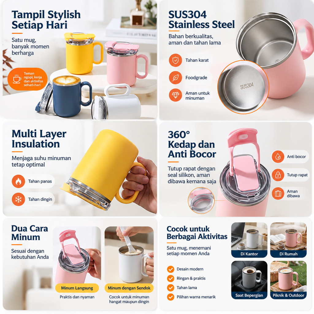 GROWSIR Mug Stainless Steel SUS304 500ml Double Wall Tumbler Kopi Anti Bocor Gelas Termos dengan Tutup & Sendok BZ055