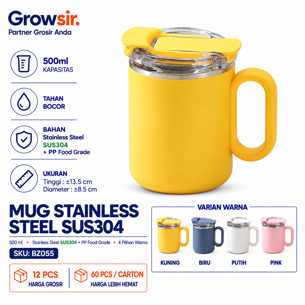 GROWSIR Mug Stainless Steel SUS304 500ml Double Wall Tumbler Kopi Anti Bocor Gelas Termos dengan Tutup & Sendok BZ055