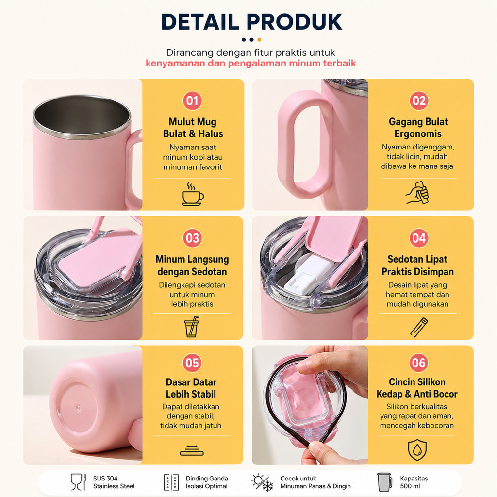 GROWSIR Mug Stainless Steel SUS304 500ml Double Wall Tumbler Kopi Anti Bocor Gelas Termos dengan Tutup & Sendok BZ055