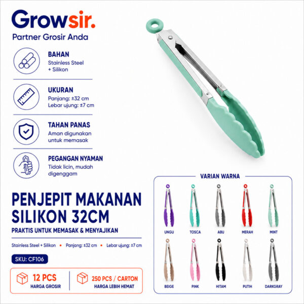GROWSIR Pencapit Makanan Silikon 32cm Stainless Steel Food Tongs| Penjepit Food Tongs Anti Selip dengan Kunci Pengunci | Multifungsi CF106