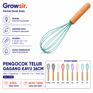 GROWSIR Pengocok Telur Gagang Kayu Manual Silikon 26cm | Whisk Telur Anti Gores untuk Baking & Memasak CF105