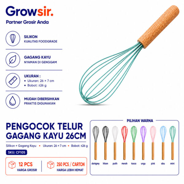 GROWSIR Pengocok Telur Gagang Kayu Manual Silikon 26cm | Whisk Telur Anti Gores untuk Baking & Memasak CF105