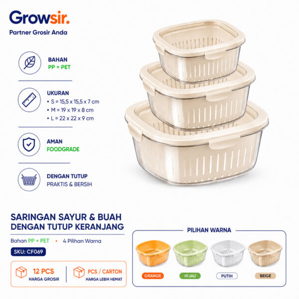 GROWSIR Saringan Sayur & Buah Dengan Tutup Keranjang Buah Pengering Sayuran Saringan Serbaguna CF069
