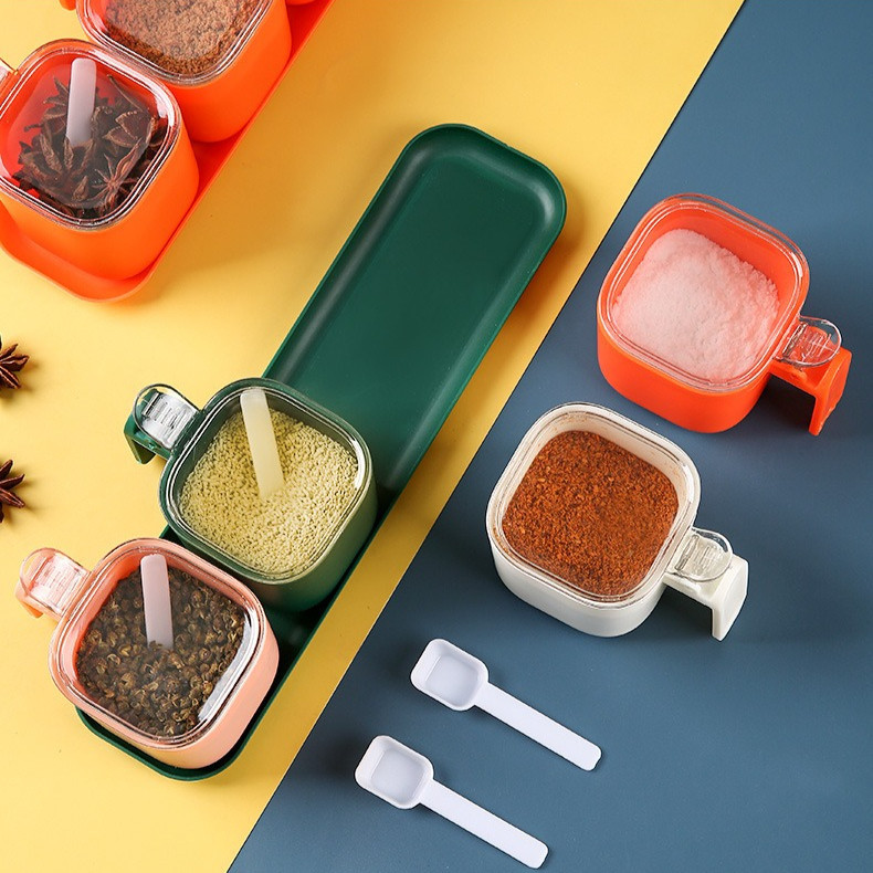 GROWSIR SET 4 PCS Tempat Bumbu Dapur Aesthetic Rak Bumbu Dapur Estetik Dengan Sendok CF097
