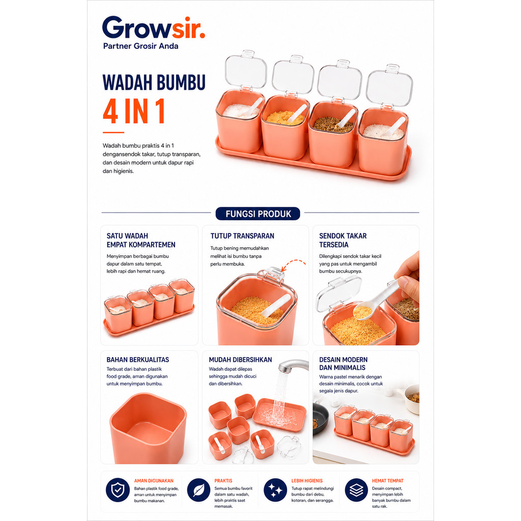 GROWSIR SET 4 PCS Tempat Bumbu Dapur Aesthetic Rak Bumbu Dapur Estetik Dengan Sendok CF097