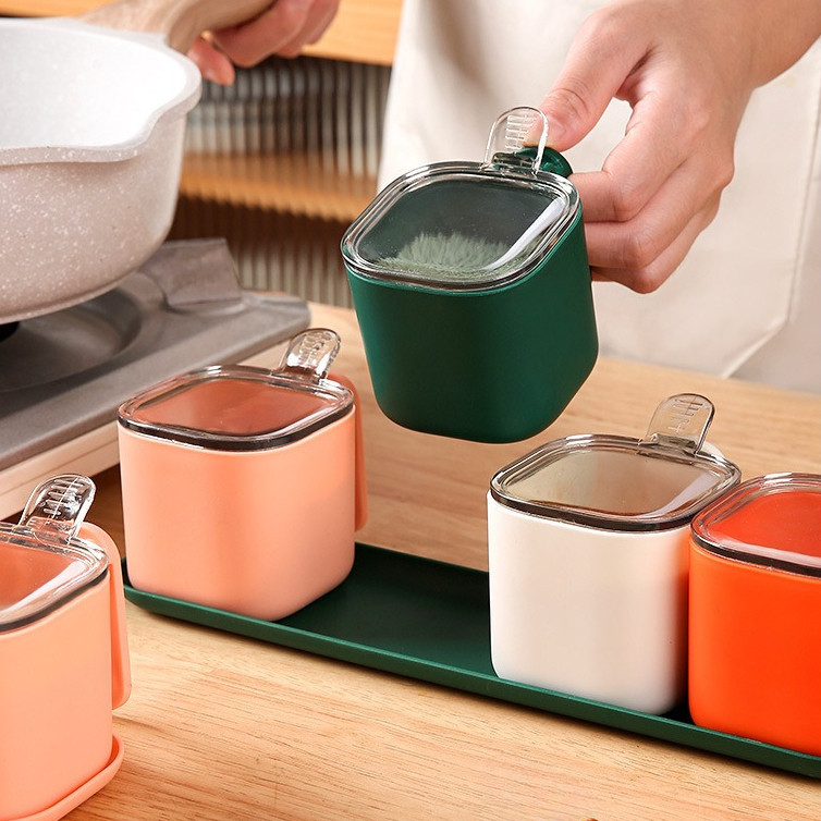 GROWSIR SET 4 PCS Tempat Bumbu Dapur Aesthetic Rak Bumbu Dapur Estetik Dengan Sendok CF097