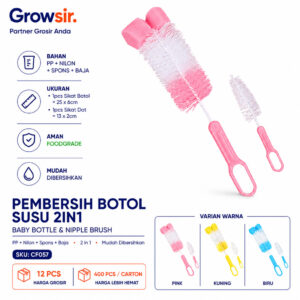 GROWSIR Sikat Botol dan Dot Bayi 2 in 1 | Sikat Botol Susu Bayi dengan Spons & Nilon | Bottle Brush Set CF057