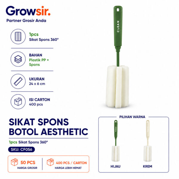 GROWSIR Sikat Spons Botol Estetik Elegan Tebal Panjang Pembersih Gelas Pencuci Teko Termos Alat Pembersih Gelas CF056