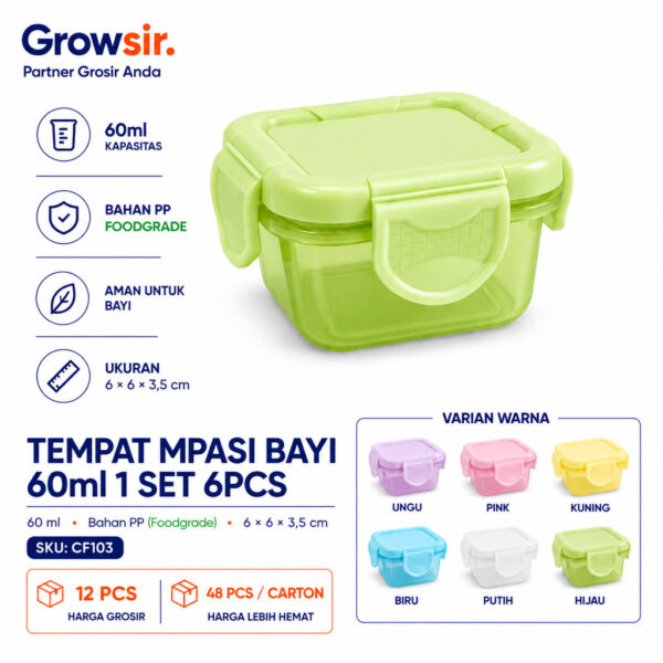 GROWSIR Tempat MPASI Bayi 60ml 1 Set 6pcs | Kotak Makan Mini Serbaguna Bekal Anak | Food Container Compact & Stackable CF103-S