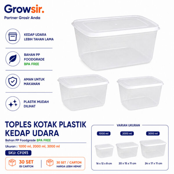 GROWSIR Toples Kotak Plastik Bening Kedap Udara Tebal Serbaguna 1000 2000 3000ml Wadah Penyimpanan CF093