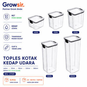 GROWSIR Toples Kotak Snack Kedap Udara Penyimpanan Bening Cereal Kontainer Makanan Food Storage Jar Container CF001