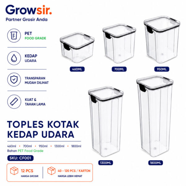 GROWSIR Toples Kotak Snack Kedap Udara Penyimpanan Bening Cereal Kontainer Makanan Food Storage Jar Container CF001