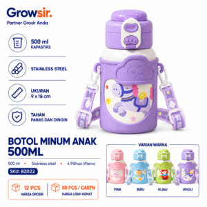 GROWSIR Tumbler Anak Stainless Steel SUS316 Lucu 500ml Botol Minum Sekolah Sedotan Tali Gantung Termal Anti Bocor Tahan Panas Dingin BZ075