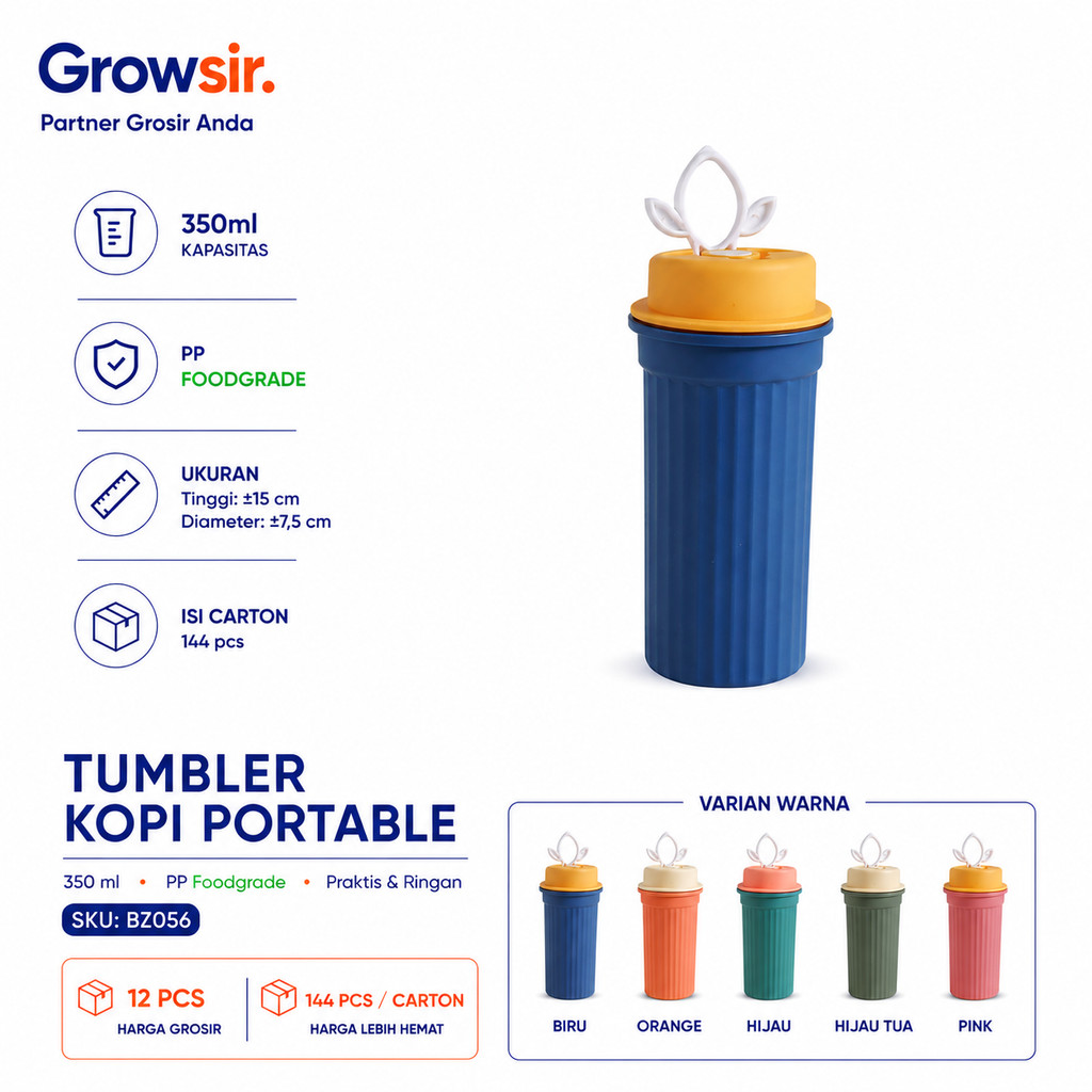 GROWSIR Tumbler Kopi Portable 350ml PP Food Grade Gelas Minum Coffee Cup Anti Tumpah Tutup Sedotan BZ056